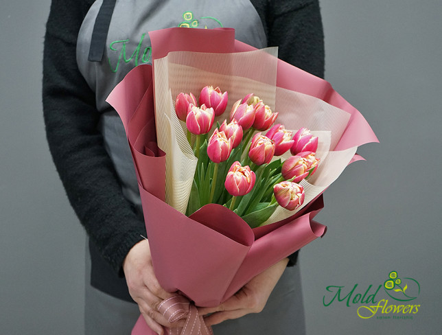 Bouquet of peony-style pink-yellow tulips photo